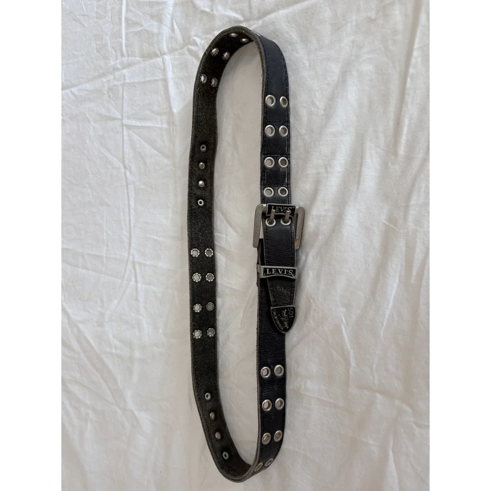 Levi's 501 Black Leather Double Prong Grommet Belt Silver Hardware